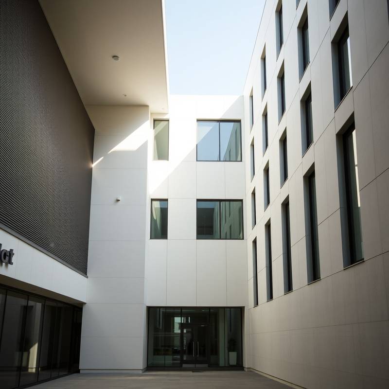 Minimalistische Architekturaufnahme eines Bürogebäudes, aufgenommen von einem Dozenten.