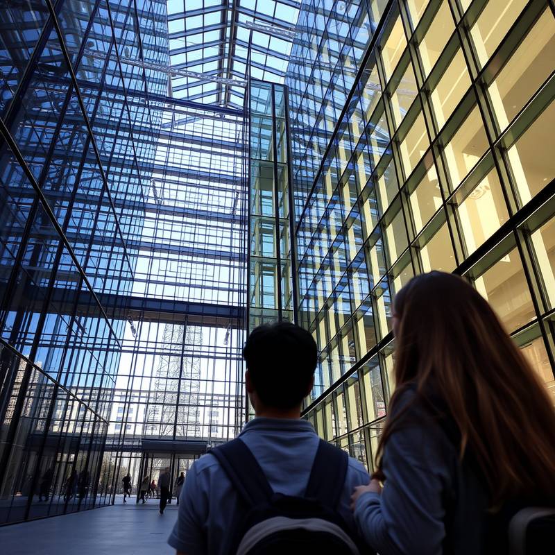 Moderne Architekturaufnahme eines Glasgebäudes, aufgenommen von einem Studenten.