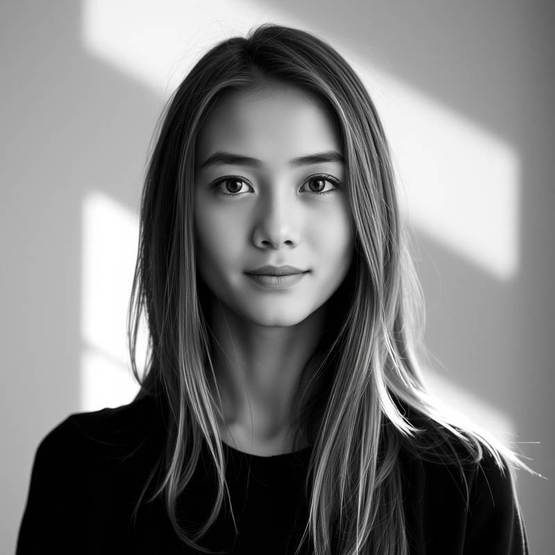Schwarz-Weiss Portrait einer jungen Frau, aufgenommen von einem Studenten.
